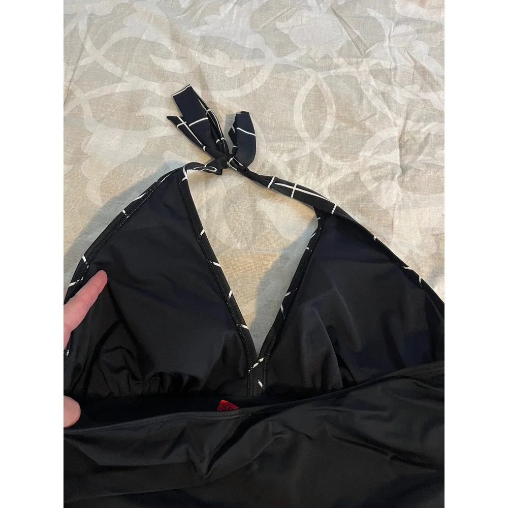 Spanx Womens Black White Grid Halter Tankini Top and Skirted Bottom Set Size 14
